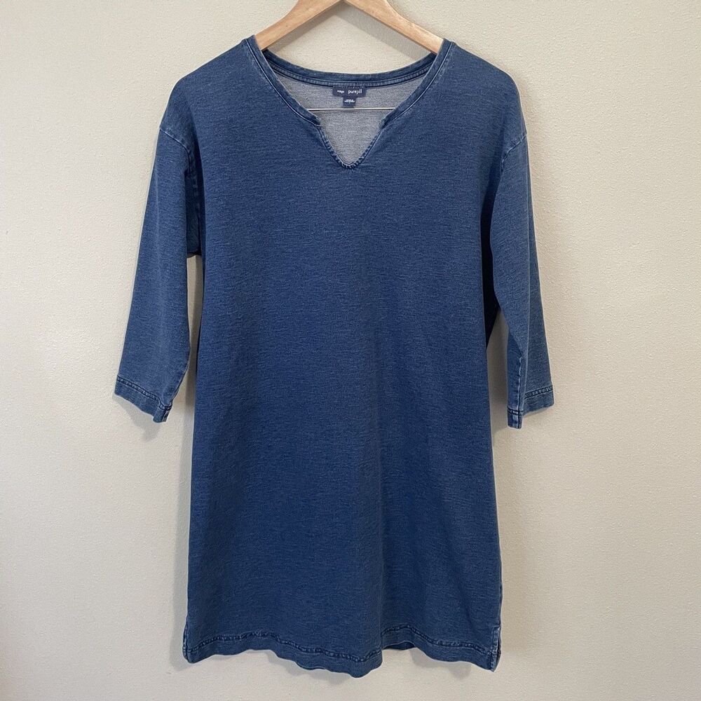Pure Jill Indigo Blue Denim Look Knit Notch Neck Tunic Dress Small 3/4 Sleeve